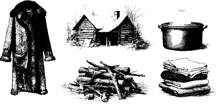 Rustic winter peasant life: household items and scenes for design and print
