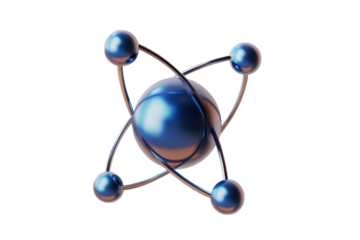 Detailed illustration of an atom model with transparent background showcasing atomic structure, electrons, protons, and neutrons in a visually appealing design