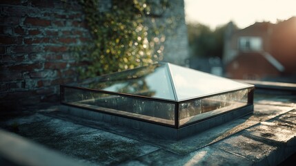 A glass pyramid skylight reflecting sunlight on a rustic rooftop, showcasing natural beauty.