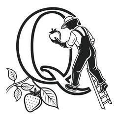 Fototapeta premium Elegant Letter Q Design Featuring a Strawberry Farmer Harvesting Fruit on a Ladder with Leafy Branch