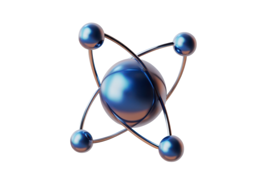 Detailed illustration of an atom model with transparent background showcasing atomic structure, electrons, protons, and neutrons in a visually appealing design