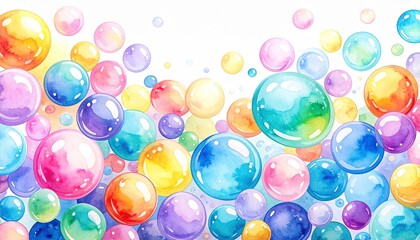 虹色に輝く、たくさんの透明なシャボン玉が浮かんでいるイラスト