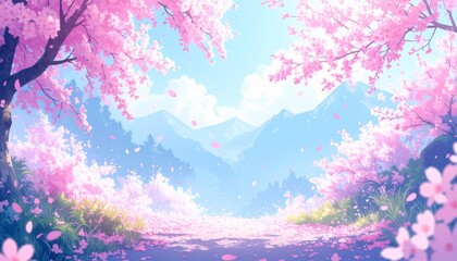 くさんの桜の花びらが、風に舞いながら吹雪のように流れていくイラスト