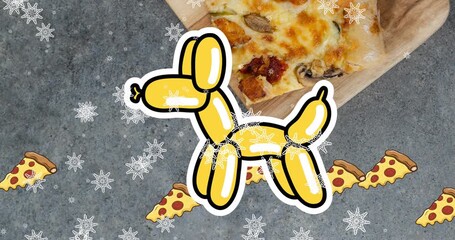 Animation of balloons forming dog, falling pizza slices and snowflakes over pizza slice on table - Powered by Adobe