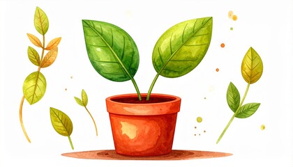 小さな植木鉢から、緑色の双葉が芽吹いているイラスト