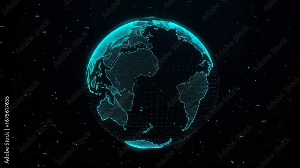 Poster digital earth globe with blue light particles floating in dark background global data connections an