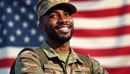 Proud African American soldier smiles confidently in camouflage uniform. U. S. flag in background patriotism, dedication, military service. Represents army, defense, duty, heroism, strength, bravery,