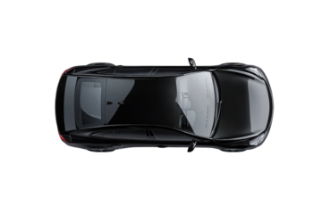 Modern black sedan captured from above, showcasing sleek design and contemporary features in vibrant urban environment with clear sky