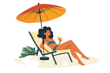 Woman enjoying a cocktail while relaxing on a beach chair under sunshade at a tropical location in the afternoon