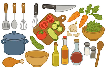 Cooking ingredients and kitchen utensils set. Vector cartoon illustration of food preparation with vegetables, condiments, pot, knife and cutting board. Recipe elements.