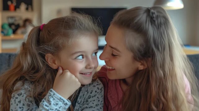 A tender moment between a mother and her daughter, embracing with affection.