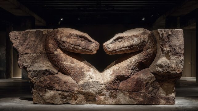 A fossilized two-headed serpent emerging dramatically from stone under museum lighting, evoking mystery.
