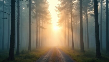 Forest road at dawn shrouded in mist, with warm sunlight filtering through tall pine trees. Serene atmosphere, tranquil morning light creates sense of peace, quiet in wilderness. Enchanting scene