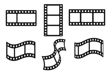 Various film strip designs in different formats and orientations, simple black cartoon vector illustration with transparent background, cinema frames, photo reels, vintage and modern filmstrip icons