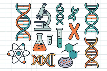 Various DNA strands and scientific symbols vector set with microscope, test tubes, and molecular structures. Cartoon style notepad background illustration for science and genetics concepts