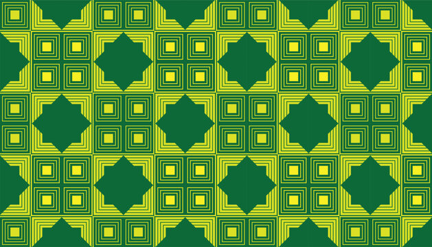 Abstract seamless pattern featuring geometric star and square motifs in green and yellow palette. Ideal for fabric prints, wrapping paper, and decorative surfaces