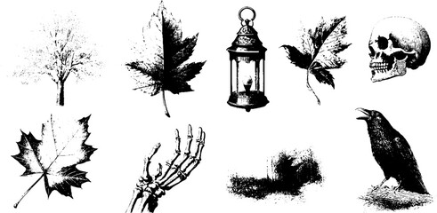 Spectral autumn motifs collection: leaves, lantern, skull, and raven for halloween design