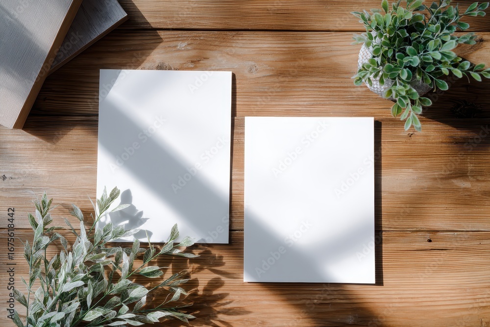 Poster two blank white sheets of paper placed on a wooden surface surrounded by greenery and natural light 