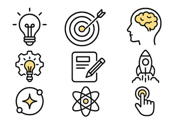 Various Symbols Representing Innovation, Technology, Creativity, Brainstorming, Ideas, Science, Research, and Development in a Minimalist Vector Cartoon Style