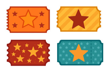 Various ticket designs featuring stars and decorative patterns, colorful cartoon-style vector illustrations ideal for events, entertainment, admission, and celebrations with transparent backgrounds