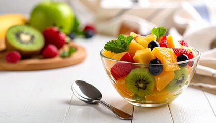 A vibrant and colorful fruit salad in a clear glass bowl on a white wooden table, garnished with fresh mint.