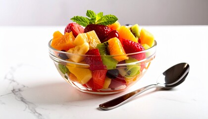 A fresh and colorful fruit salad in a clear glass bowl with a mint garnish and a spoon on a white marble table.