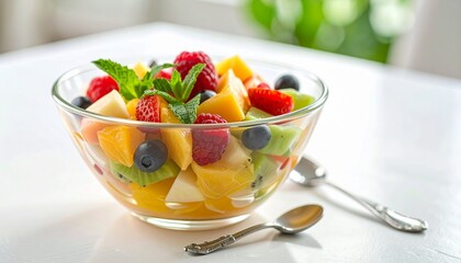 A vibrant fruit salad in a clear glass bowl, featuring fresh berries, kiwi, and mango, garnished with mint.