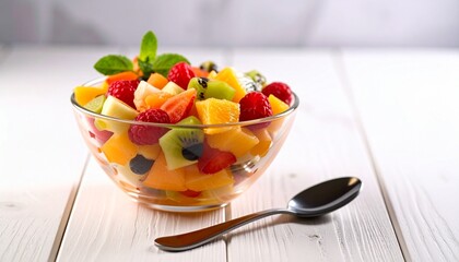 A fresh and colorful fruit salad in a clear glass bowl with a spoon on a white wooden table.