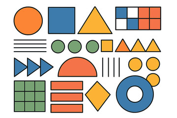 Visual Arrangement of Colorful Geometric Shapes Demonstrating Patterns and Structured Layout with Circles, Squares, Triangles, Lines, and Abstract Forms in Vector Cartoon Style
