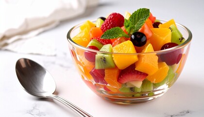 A fresh and colorful fruit salad in a clear glass bowl with a spoon on a white marble surface.