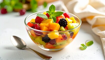 A fresh and colorful fruit salad in a clear glass bowl with a spoon on a white marble surface.