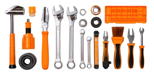 Assortment of Hand Tools with Orange Handles on Black Background