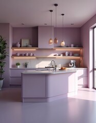 Modern purple kitchen features bright, minimalist design with wood accents, soft lighting. Includes sleek cabinets, central island with countertop, stylish pendant lights. Ideal for contemporary home