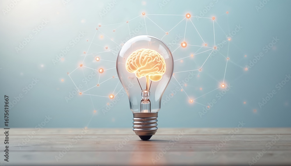 Poster glowing artificial intelligence brain inside light bulb with abstract neural network. digital visual