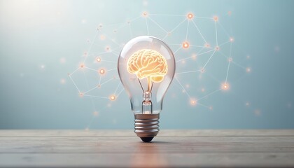 Glowing artificial intelligence brain inside light bulb with abstract neural network. Digital visualization represents innovation, big data processing, machine learning concept.
