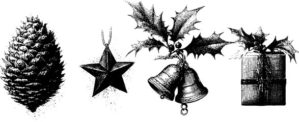 Vintage winter holiday decor collection featuring pine cones and seasonal ornaments for festive designs