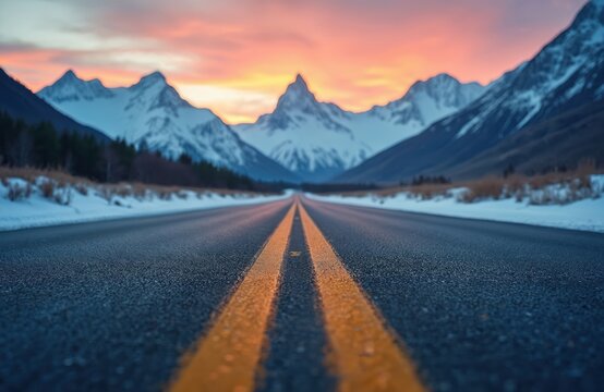 Open road leads into snow-capped mountains during sunrise. The vast landscape offers a sense of adventure and quiet stillness. Winter morning light creates a cool, peaceful atmosphere on the highway.