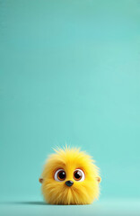 Fototapeta premium Fluffy yellow creature with big eyes and a small nose on a plain blue background. This cute, curious animal looks soft, fuzzy, and funny, perfect for cartoon or character design projects.