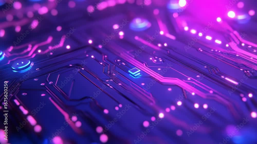 Poster the showcases a close-up of a vibrant purple glowing circuit board with distinct led lights and circ
