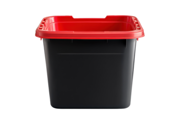 Storage bin with red lid isolated on white background, suitable for organizing items in various settings, ideal for home or workplace organization needs