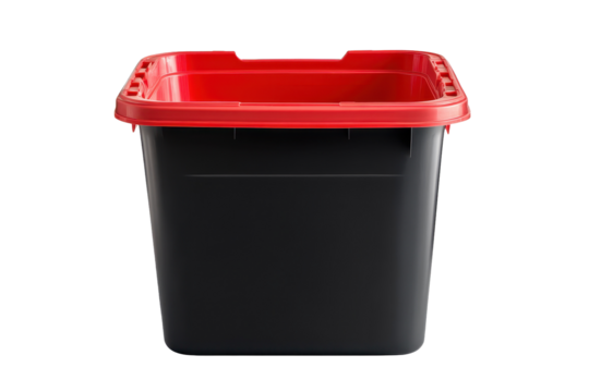 Storage bin with red lid isolated on white background, suitable for organizing items in various settings, ideal for home or workplace organization needs