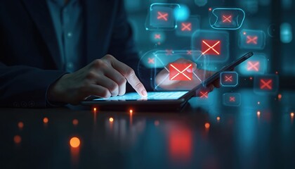 Cybersecurity concept of managing digital threats via tablet. Person interacts with email icons showing red crosses, signifying security risks like spam, phishing, viruses. Focus on online safety,