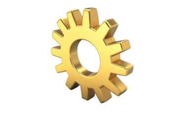 Bright golden gear icon displayed in cartoon style representing innovation and mechanics in modern design