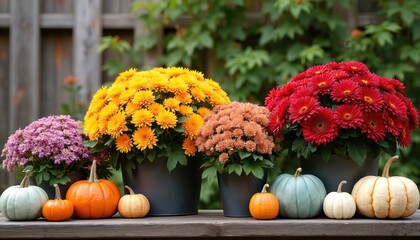 Rustic outdoor display features potted autumn flowers including vibrant yellow chrysanthemums, delicate pink mums, burnt orange mums, bright red gerbera daisies. Several decorative pumpkins in