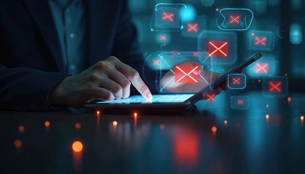 Cybersecurity concept of managing digital threats via tablet. Person interacts with email icons showing red crosses, signifying security risks like spam, phishing, viruses. Focus on online safety, - Powered by Adobe