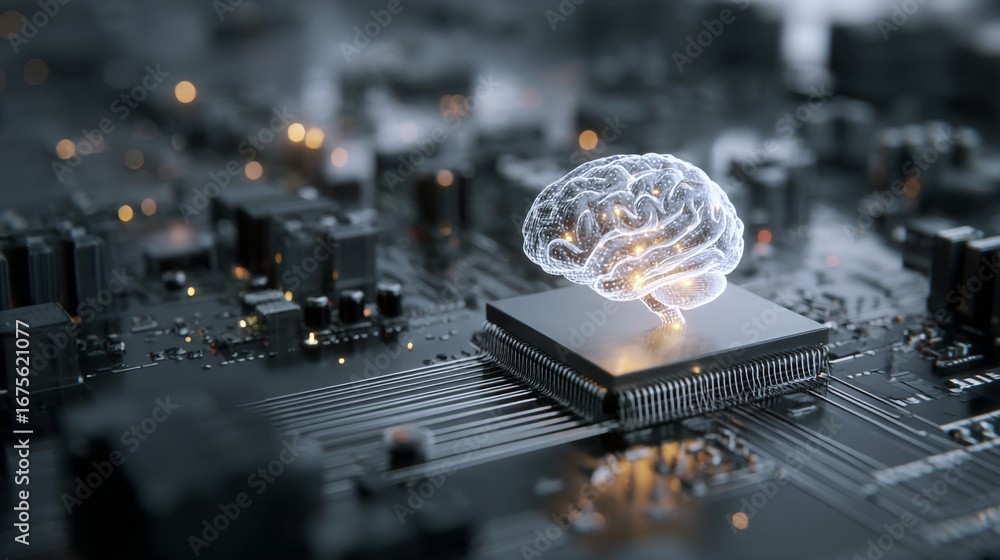 Poster artificial intelligence brain on a computer chip with intricate circuit board details shown