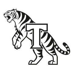 Bold Tiger Emblem with Letter T Silhouette Vector Illustration for Sports Team Mascot or Graphic Design Projects Logo Isolated