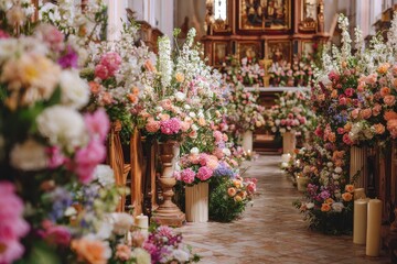 Elegant floral arrangement for wedding ceremony in a beautiful church setting enhancing the romantic atmosphere