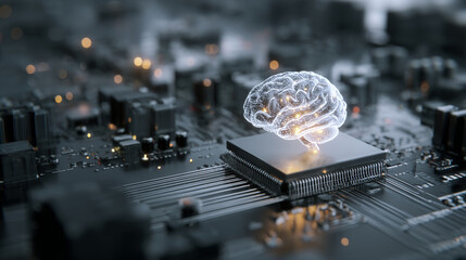 Artificial intelligence brain on a computer chip with intricate circuit board details shown