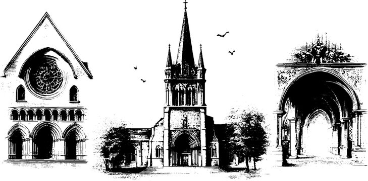 Gothic cathedral elements for halloween design - vintage engraving